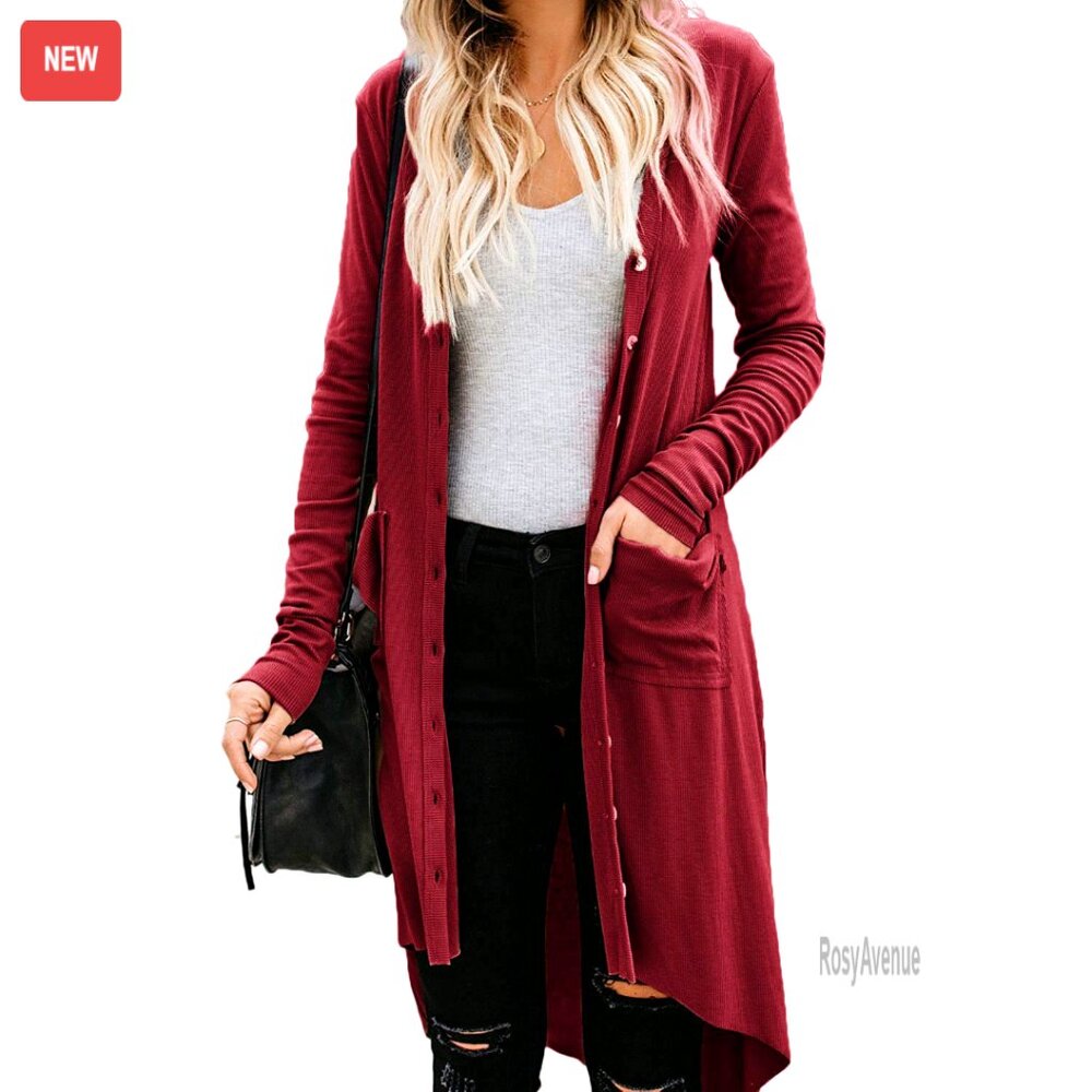 Long Button Down Cardigan With Pockets, Stretchy Knit Fabric, Lightweight